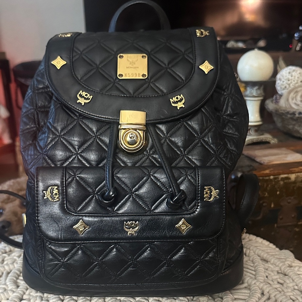 MCM Black Quilted Backpack with Gold Accents EUC
